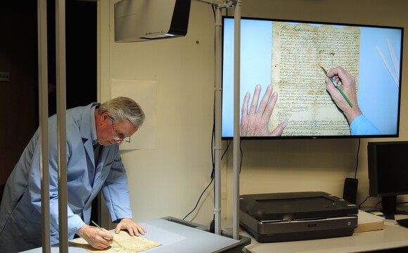 The VZ-C6 is used for instruction during a conservation treatment by Bill Minter, Senior Book Conservator