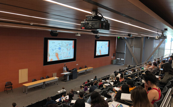 Large lecture hall at SDSU with WolfVision Ceiling Visualizer suspended from the ceiling above the instructor‘s lectern.