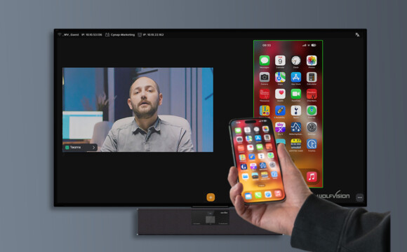 Bildunterschrift: Drahtloses BYOD Screen Sharing mit WolfVision Cynap Systemen