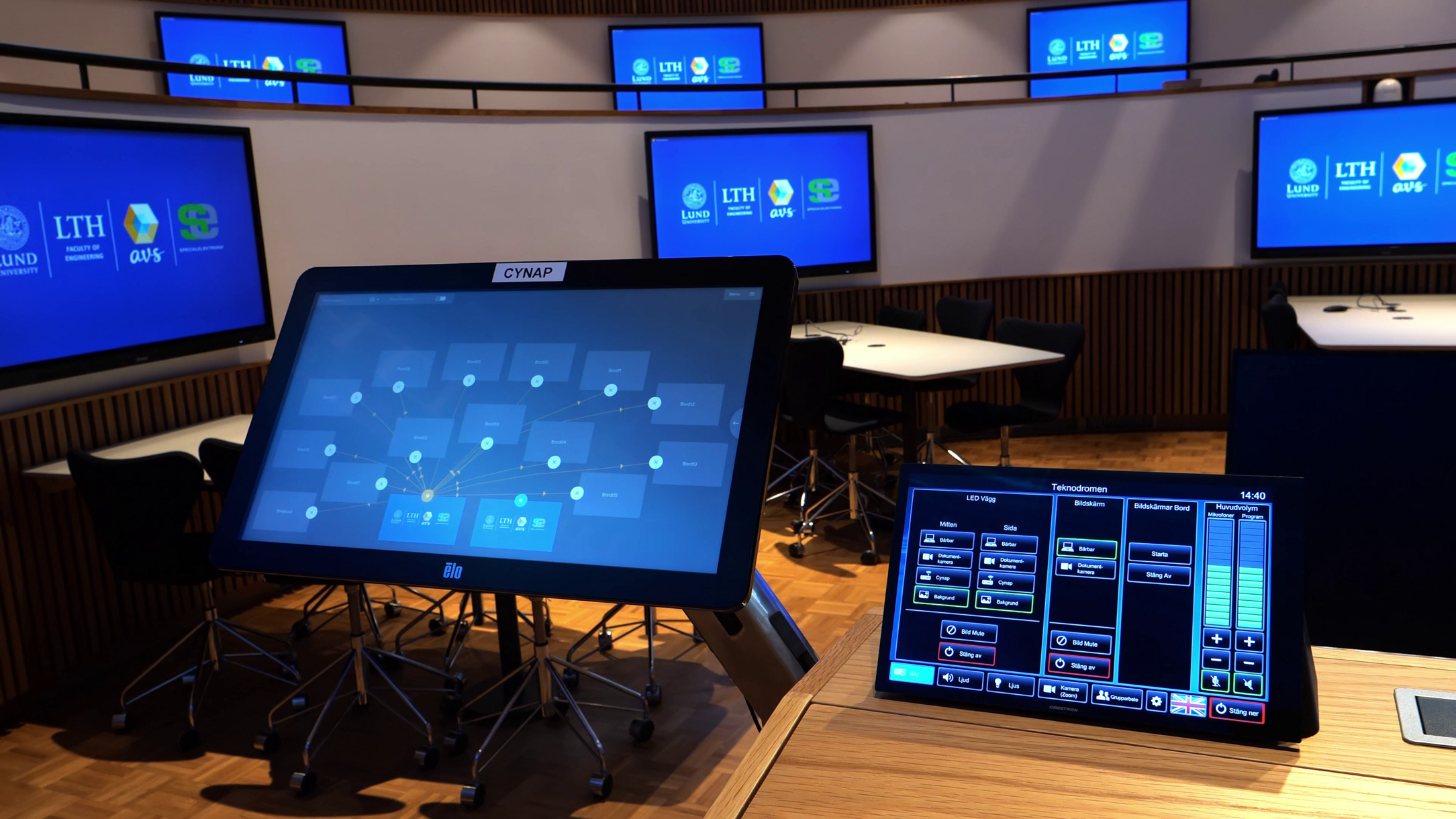 The touchscreen 'Room View' enables easy 'drag and drop' control of all displayed content materials.